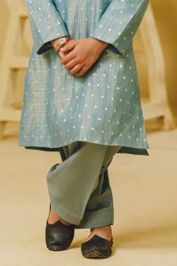 Buy_Fayon Kids_Sky Blue Organza, Tissue, Crepe Placket Embroidered Kurta And Salwar Set _Online_at_Aza_Fashions