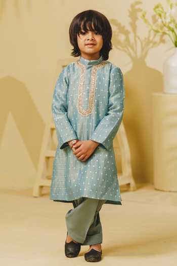 Buy_Fayon Kids_Sky Blue Organza, Tissue, Crepe Placket Embroidered Kurta And Salwar Set _at_Aza_Fashions