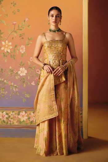 Buy_Drishti & Zahabia_Yellow Silk, Organza, Crepe, Dupion Noor Phulkari Print Asymmetric Kurta Set _at_Aza_Fashions