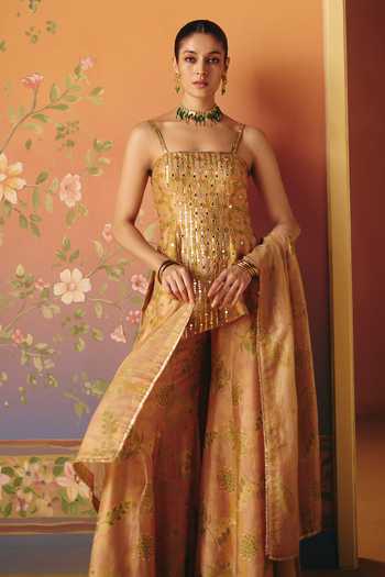 Drishti & Zahabia_Yellow Silk, Organza, Crepe, Dupion Noor Phulkari Print Asymmetric Kurta Set _Online_at_Aza_Fashions