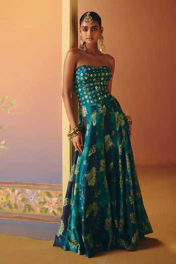 Buy_Drishti & Zahabia_Blue Silk, Crepe, Dupion Embroidery, Sequins, Mahi Corset And Flared Pant Set _Online_at_Aza_Fashions
