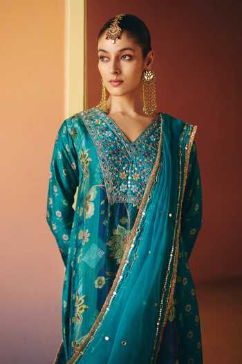 Shop_Drishti & Zahabia_Blue Silk, Organza, Crepe, Dupion V-neck, Yes Mahi Phulkari Print Kurta Set _Online_at_Aza_Fashions