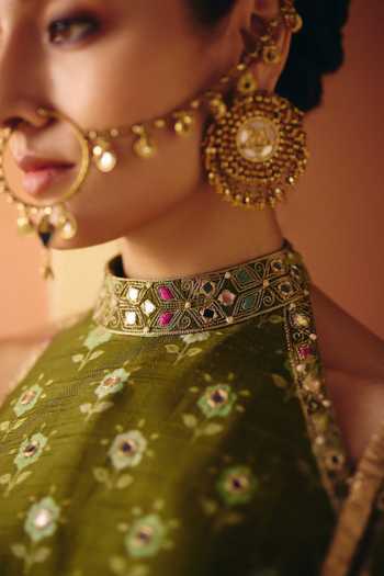 Shop_Drishti & Zahabia_Green Silk, Organza, Crepe, Dupion Halter Neck, Yes Seher Embroidered Kurta Set 
