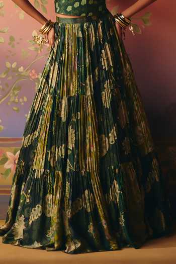 Buy_Drishti & Zahabia_Green Silk, Crepe, Dupion Embroidery, Seher Phulkari Print Lehenga And Corset Set _Online_at_Aza_Fashions