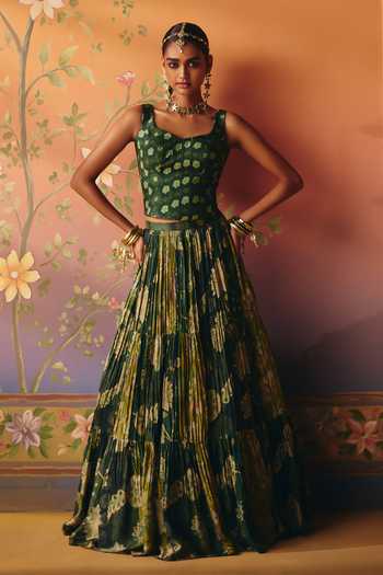 Shop_Drishti & Zahabia_Green Silk, Crepe, Dupion Embroidery, Seher Phulkari Print Lehenga And Corset Set _Online_at_Aza_Fashions