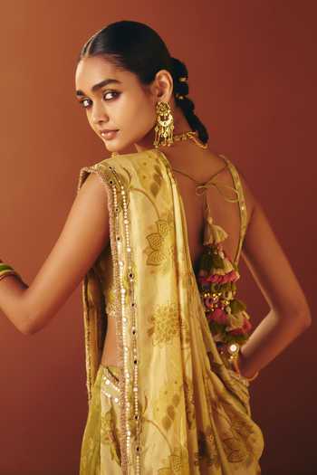 Shop_Drishti & Zahabia_Green Silk, Crepe, Dupion Scoop Reet Phulkari Print Pre-draped Saree With Blouse _at_Aza_Fashions