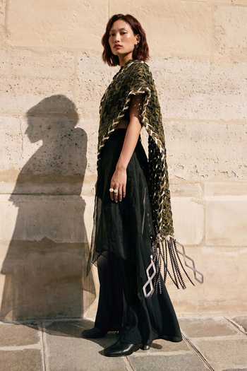 Shop_Devina Juneja_Black , Crepe, Organza High Neck Magnolia Pant Saree With Corded Blouse _at_Aza_Fashions