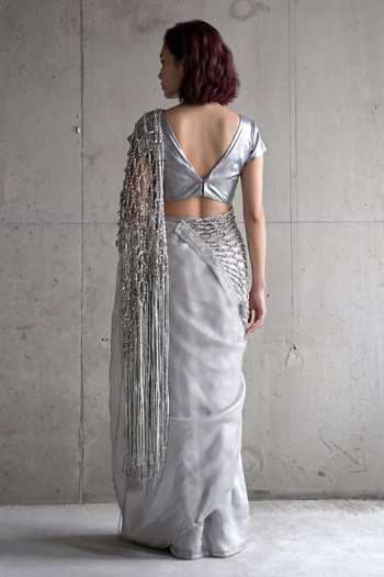 Shop_Devina Juneja_Silver Crepe, Silk, Hamptons Pre-draped Saree Set With Embroidered Blouse _at_Aza_Fashions