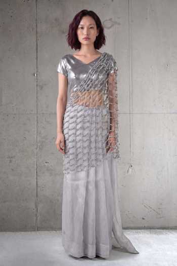Buy_Devina Juneja_Silver Crepe, Silk, Hamptons Pre-draped Saree Set With Embroidered Blouse _at_Aza_Fashions