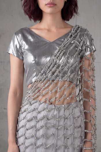 Devina Juneja_Silver Crepe, Silk, Hamptons Pre-draped Saree Set With Embroidered Blouse _Online_at_Aza_Fashions
