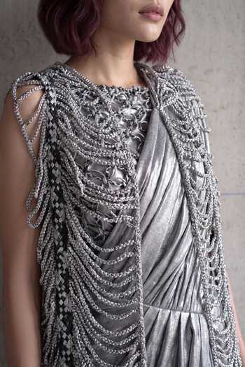 Shop_Devina Juneja_Silver Crepe, Satin, Leather Soleil Embellished Pre-draped Saree With Blouse _at_Aza_Fashions