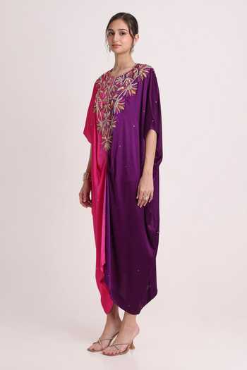 Keith Gomes_Multicolor Satin Round Neck Embroidered Ombre Kaftan _Online_at_Aza_Fashions