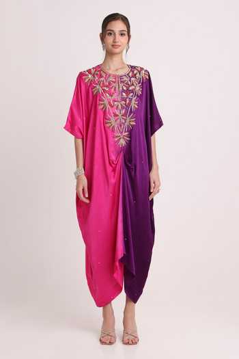 Buy_Keith Gomes_Multicolor Satin Round Neck Embroidered Ombre Kaftan _at_Aza_Fashions