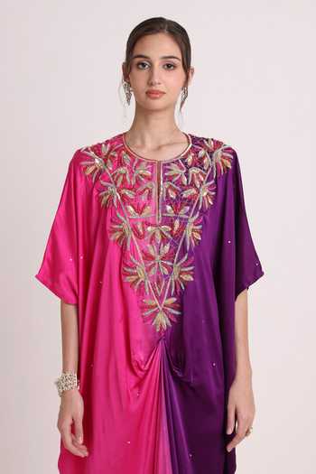 Shop_Keith Gomes_Multicolor Satin Round Neck Embroidered Ombre Kaftan _Online_at_Aza_Fashions