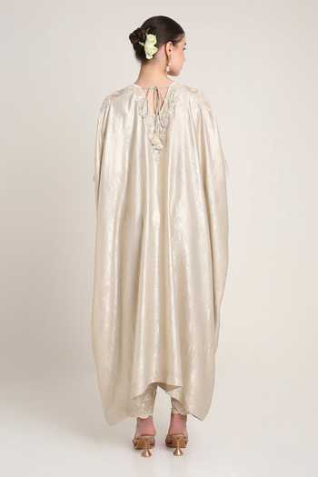 Shop_Keith Gomes_Off White Crepe V-neck Embroidered Kaftan And Pant Set _at_Aza_Fashions