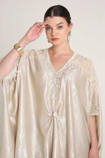 Buy_Keith Gomes_Off White Crepe V-neck Embroidered Kaftan And Pant Set _Online_at_Aza_Fashions
