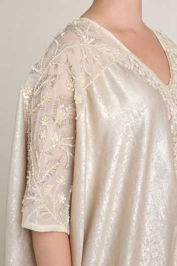 Shop_Keith Gomes_Off White Crepe V-neck Embroidered Kaftan And Pant Set _Online_at_Aza_Fashions