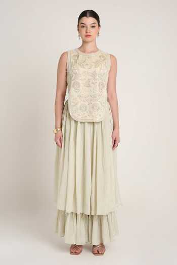 Buy_Keith Gomes_Off White Silk, Tissue Round Neck Embroidered Tunic And Layered Palazzo Set _at_Aza_Fashions