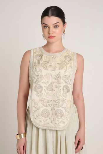 Shop_Keith Gomes_Off White Silk, Tissue Round Neck Embroidered Tunic And Layered Palazzo Set _Online_at_Aza_Fashions