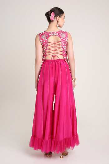 Shop_Keith Gomes_Fuchsia Net, Silk Organza Sweetheart Embroidered Short Tunic Frill Palazzo Set _at_Aza_Fashions