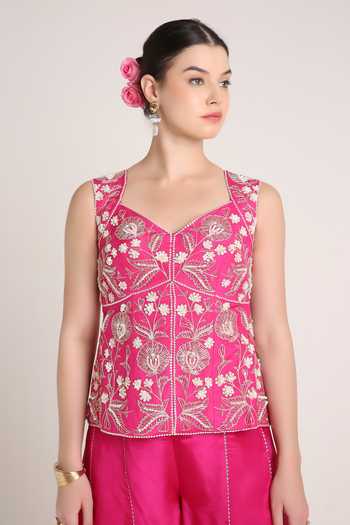 Shop_Keith Gomes_Fuchsia Net, Silk Organza Sweetheart Embroidered Short Tunic Frill Palazzo Set _Online_at_Aza_Fashions