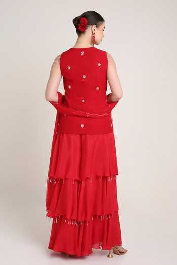 Shop_Keith Gomes_Red Georgette, Net V-neck, Yes Embroidered Short Tunic Layered Gharara Set _at_Aza_Fashions