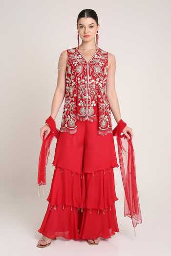 Buy_Keith Gomes_Red Georgette, Net V-neck, Yes Embroidered Short Tunic Layered Gharara Set _at_Aza_Fashions