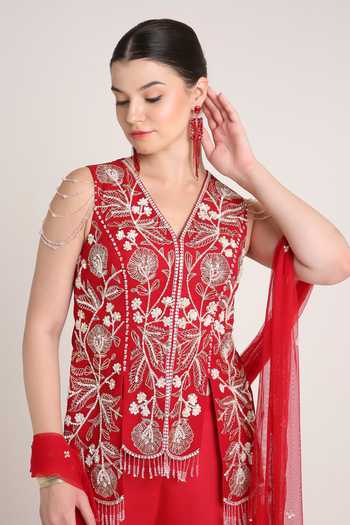 Shop_Keith Gomes_Red Georgette, Net V-neck, Yes Embroidered Short Tunic Layered Gharara Set _Online_at_Aza_Fashions
