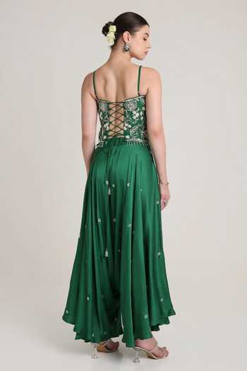 Shop_Keith Gomes_Green Satin, Net Sequins, Beads, Embroidery Bandeau Neck Corset Palazzo Set _at_Aza_Fashions