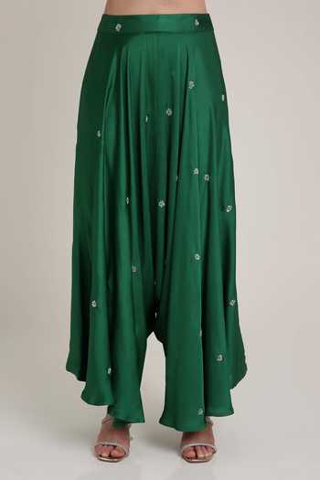 Keith Gomes_Green Satin, Net Sequins, Beads, Embroidery Bandeau Neck Corset Palazzo Set _Online_at_Aza_Fashions