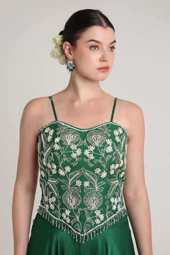 Shop_Keith Gomes_Green Satin, Net Sequins, Beads, Embroidery Bandeau Neck Corset Palazzo Set _Online_at_Aza_Fashions