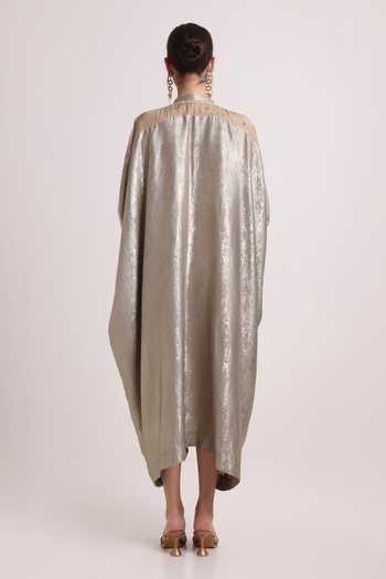 Shop_Keith Gomes_Gold Crepe Mandarin Collar Sequin Flower Embroidered Kaftan _at_Aza_Fashions