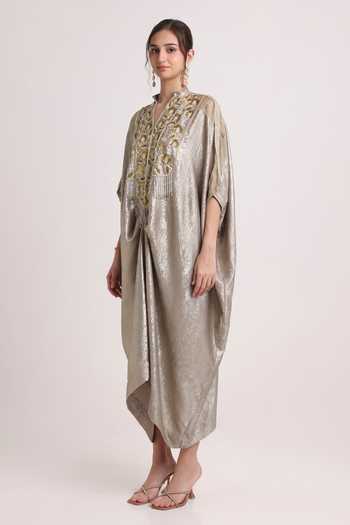 Buy_Keith Gomes_Gold Crepe Mandarin Collar Sequin Flower Embroidered Kaftan _Online_at_Aza_Fashions