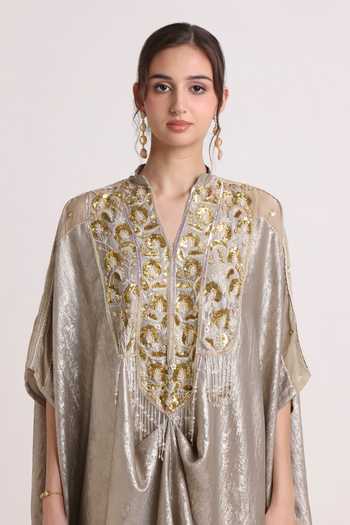 Shop_Keith Gomes_Gold Crepe Mandarin Collar Sequin Flower Embroidered Kaftan _Online_at_Aza_Fashions