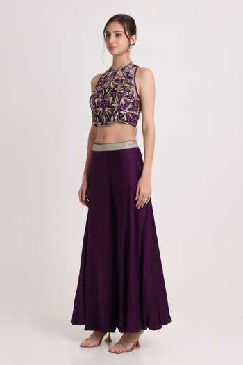 Keith Gomes_Purple Satin Halter Neck Embroidered Blouse And Palazzo Set _Online_at_Aza_Fashions