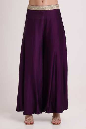 Buy_Keith Gomes_Purple Satin Halter Neck Embroidered Blouse And Palazzo Set _Online_at_Aza_Fashions