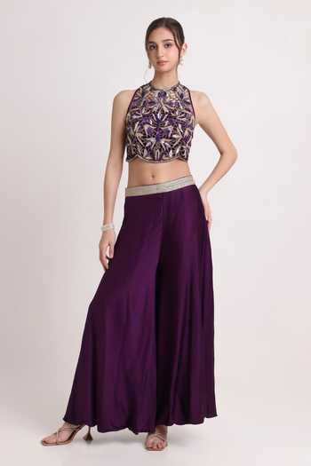 Buy_Keith Gomes_Purple Satin Halter Neck Embroidered Blouse And Palazzo Set _at_Aza_Fashions