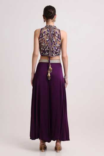 Shop_Keith Gomes_Purple Satin Halter Neck Embroidered Blouse And Palazzo Set _at_Aza_Fashions