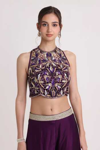 Keith Gomes_Purple Satin Halter Neck Embroidered Blouse And Palazzo Set _at_Aza_Fashions