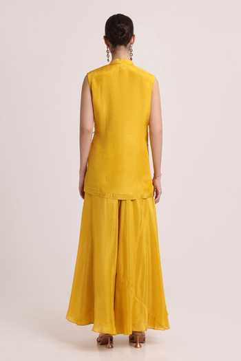 Shop_Keith Gomes_Yellow Silk, Tissue V-neck Embroidered Overlap Tunic And Palazzo Set _at_Aza_Fashions