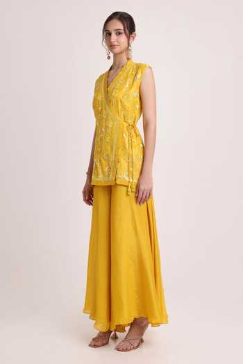 Keith Gomes_Yellow Silk, Tissue V-neck Embroidered Overlap Tunic And Palazzo Set _Online_at_Aza_Fashions
