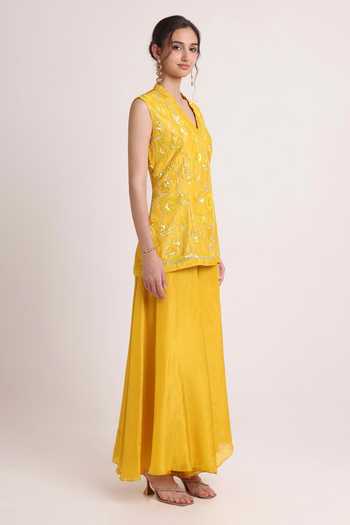 Buy_Keith Gomes_Yellow Silk, Tissue V-neck Embroidered Overlap Tunic And Palazzo Set _Online_at_Aza_Fashions