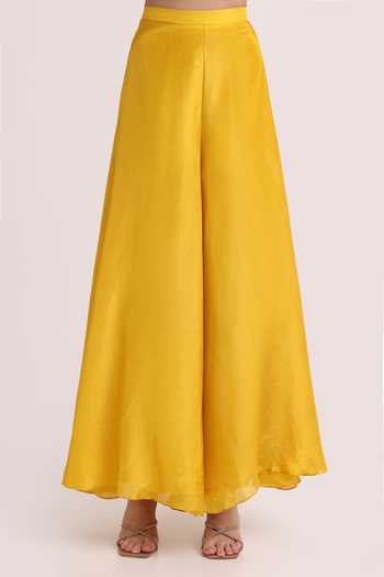 Shop_Keith Gomes_Yellow Silk, Tissue V-neck Embroidered Overlap Tunic And Palazzo Set _Online_at_Aza_Fashions