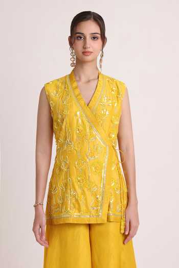 Keith Gomes_Yellow Silk, Tissue V-neck Embroidered Overlap Tunic And Palazzo Set _at_Aza_Fashions