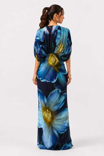 Shop_Poppi_Multi Color Silk, Bemberg Plunge Neck Dusk Printed Draped Dress _at_Aza_Fashions