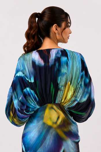 Buy_Poppi_Multi Color Silk, Bemberg Plunge Neck Dusk Printed Draped Dress _Online_at_Aza_Fashions