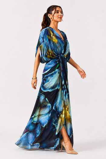 Poppi_Multi Color Silk, Bemberg Plunge Neck Dusk Printed Draped Dress _at_Aza_Fashions