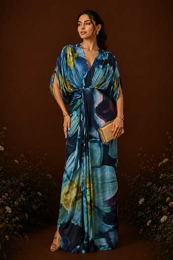 Buy_Poppi_Multi Color Silk, Bemberg Plunge Neck Dusk Printed Draped Dress _at_Aza_Fashions