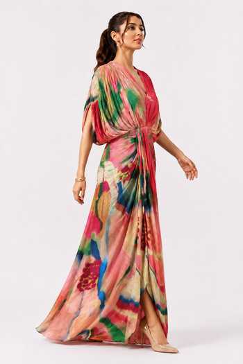 Poppi_Multicolor Bemberg, Silk V-neck Primrose Draped Maxi Dress _Online_at_Aza_Fashions