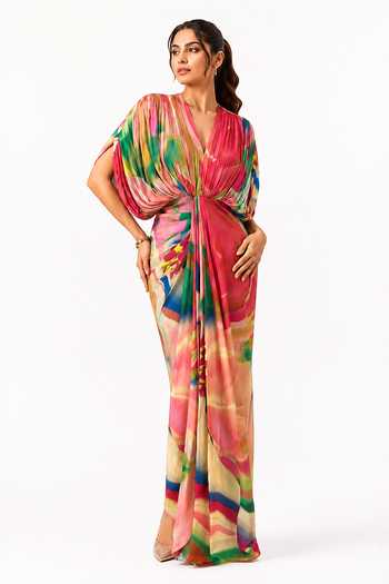Buy_Poppi_Multicolor Bemberg, Silk V-neck Primrose Draped Maxi Dress _Online_at_Aza_Fashions